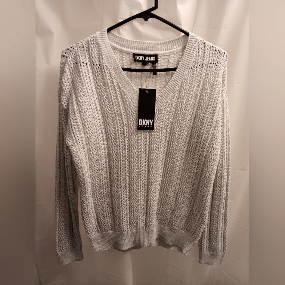 - DKNY JEANS POINTELLE KNIT V- NECK SWEATER Dove Grey/SILVER NWT SZ S Plus Bonus